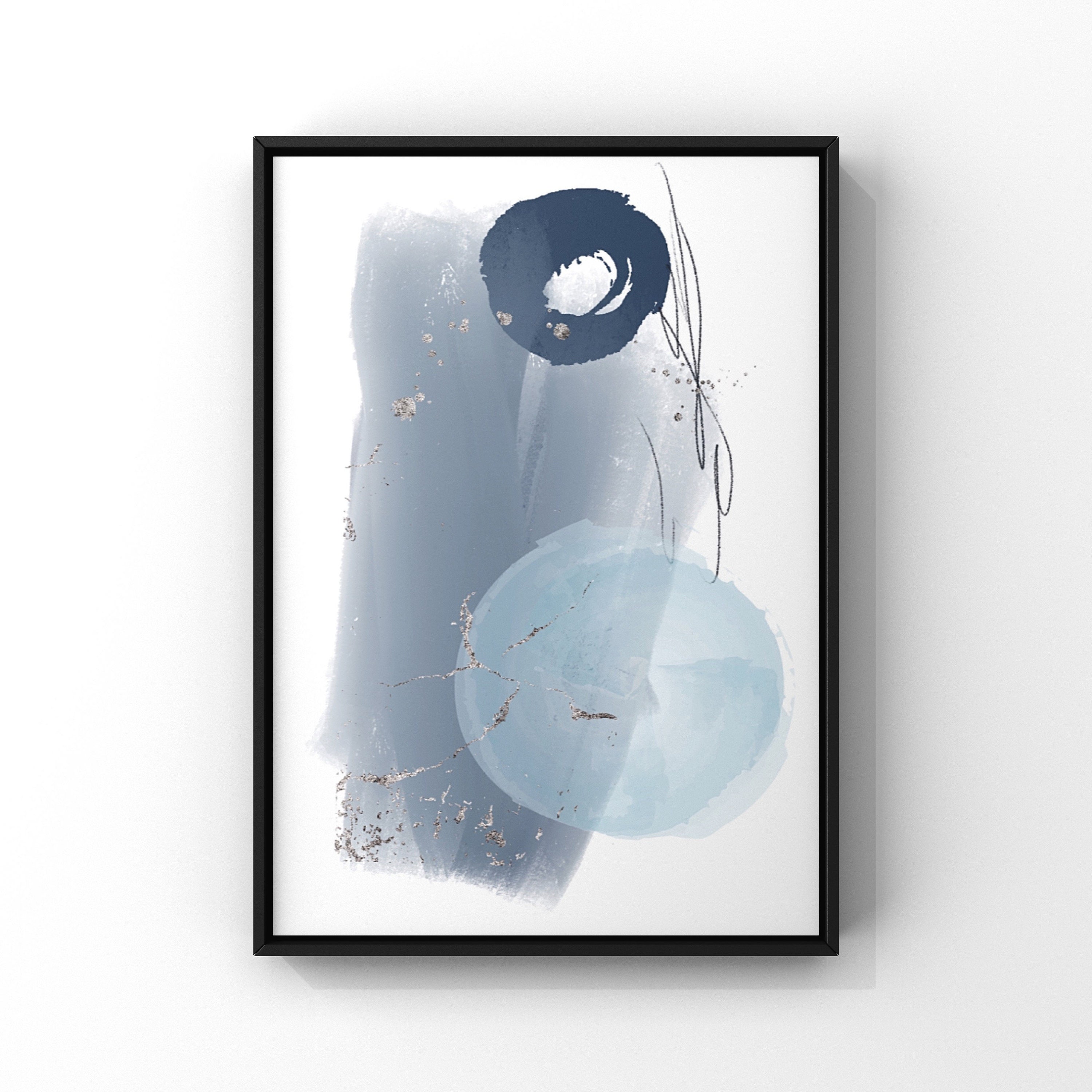 Blue and Silver Abstract Wall Art Print Set of 3 Navy Etsy