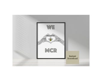 Impresión tipográfica "Nos encanta Manchester", impresión de la ciudad del Reino Unido, impresión de abejas de Manchester, impresión tipográfica, arte mural de Manchester, descarga digital