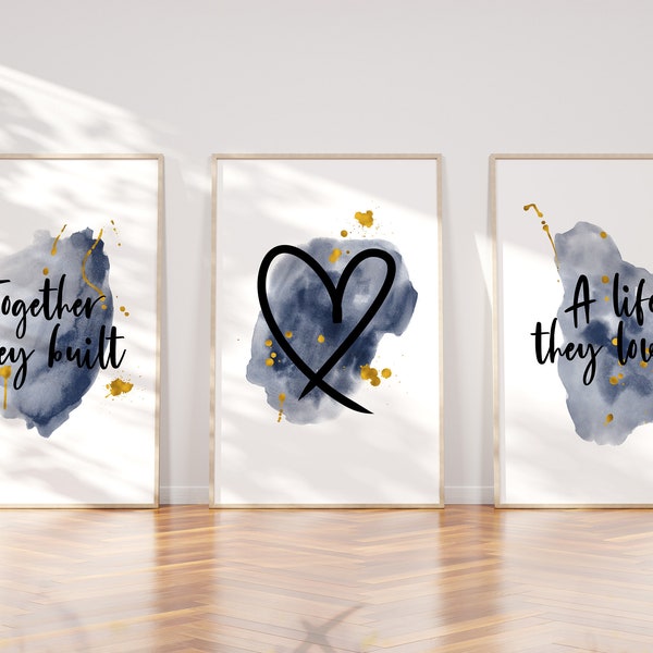 Navy blue and gold together they built a life they loved print set, love and relationship, blue wall art, unframed prints