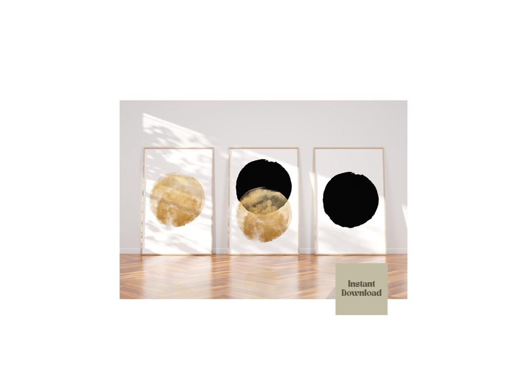 Black and Gold Abstract Set of 3 Wall Art Prints, Moon Style Circle ...