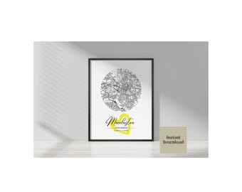 Manchester map print wall art, map print northern quote, black, white and yellow Manchester bee, map poster, digital download