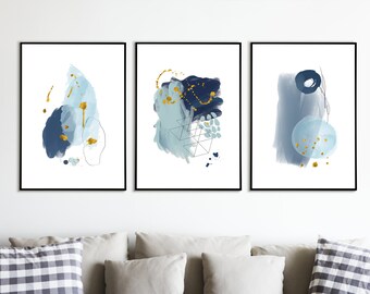 Navy Blue Abstract Wall Art Set of 3 Navy and Gold - Etsy