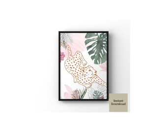 Imprimé animal léopard, imprimé végétal mural fleur verte, imprimé animal vert et rose, art mural plante feuille animal rose, téléchargement numérique