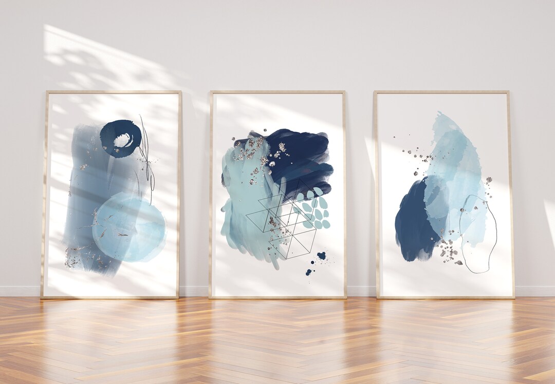 Blue and Silver Abstract Wall Art Print Set of 3 Navy Etsy