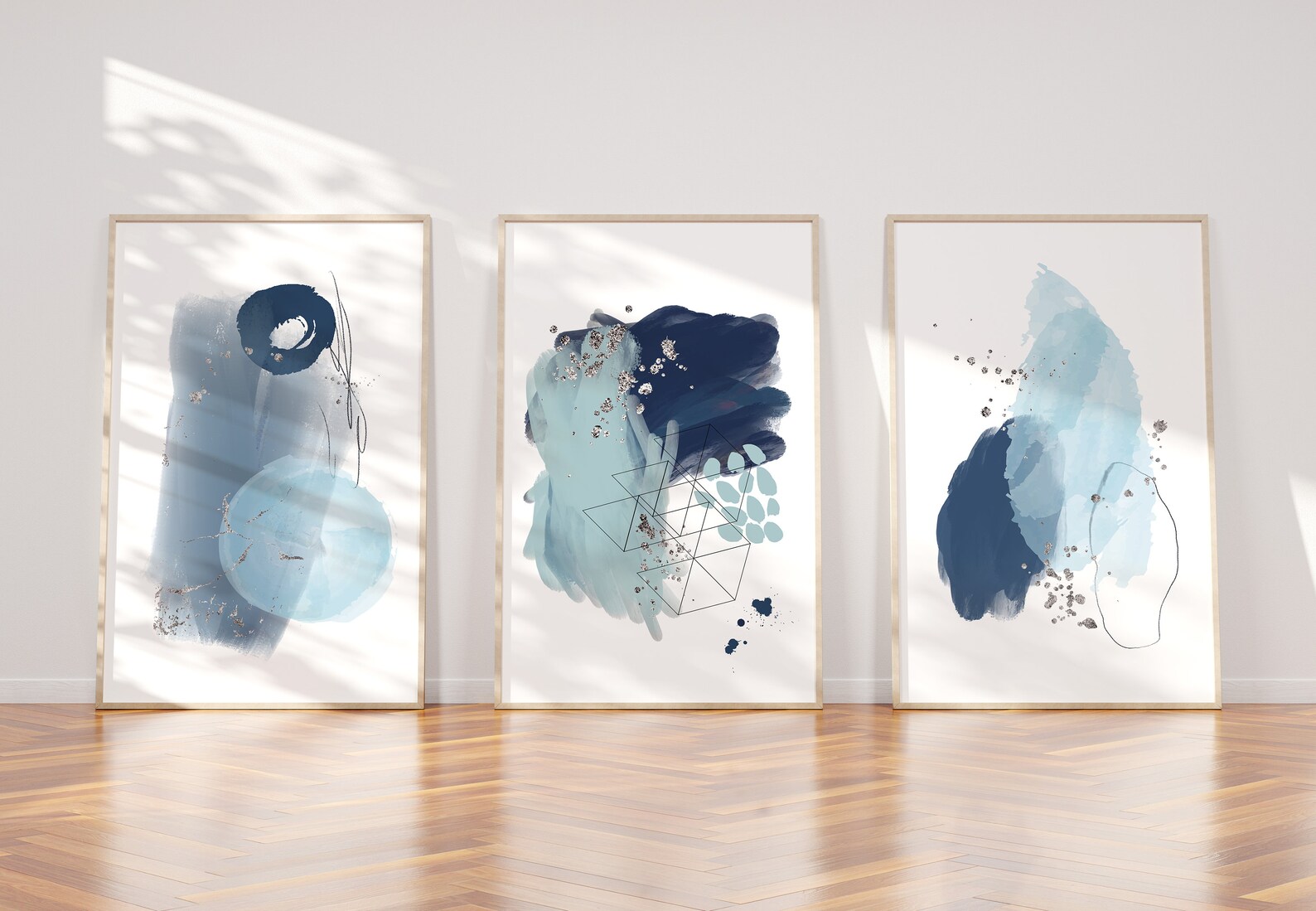 Blue and Silver Abstract Wall Art Print Set of 3 Navy Etsy