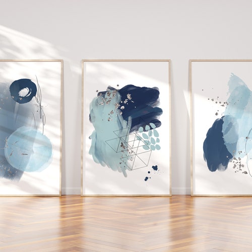 Navy and Silver Wall Art Print Set of 3 Unframed Together Etsy UK