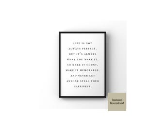 Life positivity quote life wall art, motivational wall art decor quote typography print, black and white print, digital download