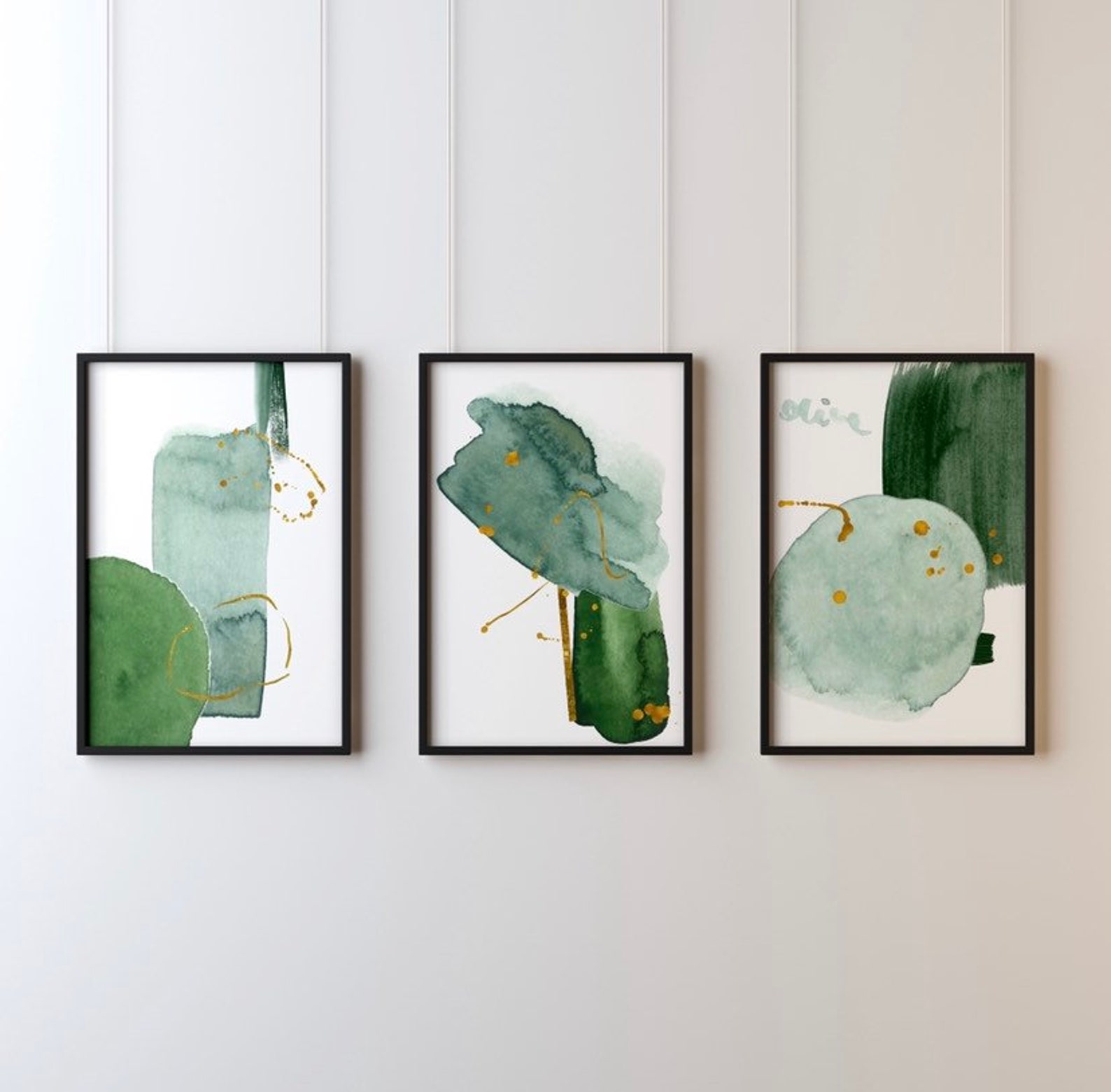 Green and Gold Abstract Set of 3 Prints Gold Wall Art Etsy UK