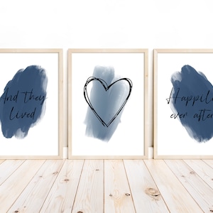 Navy blue and they lived happily ever after quote, navy blue wall art, love and relationship, typography quote, set of 3 unframed prints