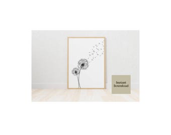 Minimalist dandelion seed black and white flower wall art print, digital download