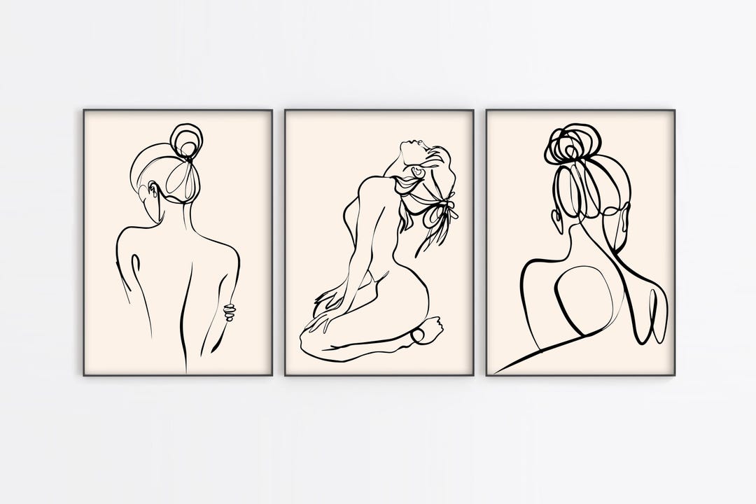Cream and Black Female Nude Line Art Print Set of 3, Line Drawing Set ...