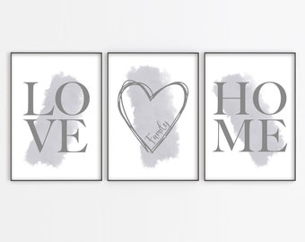 Grey wall art set of 3 prints, grey wall art, home love family quote, grey and white prints, love heart, unframed prints