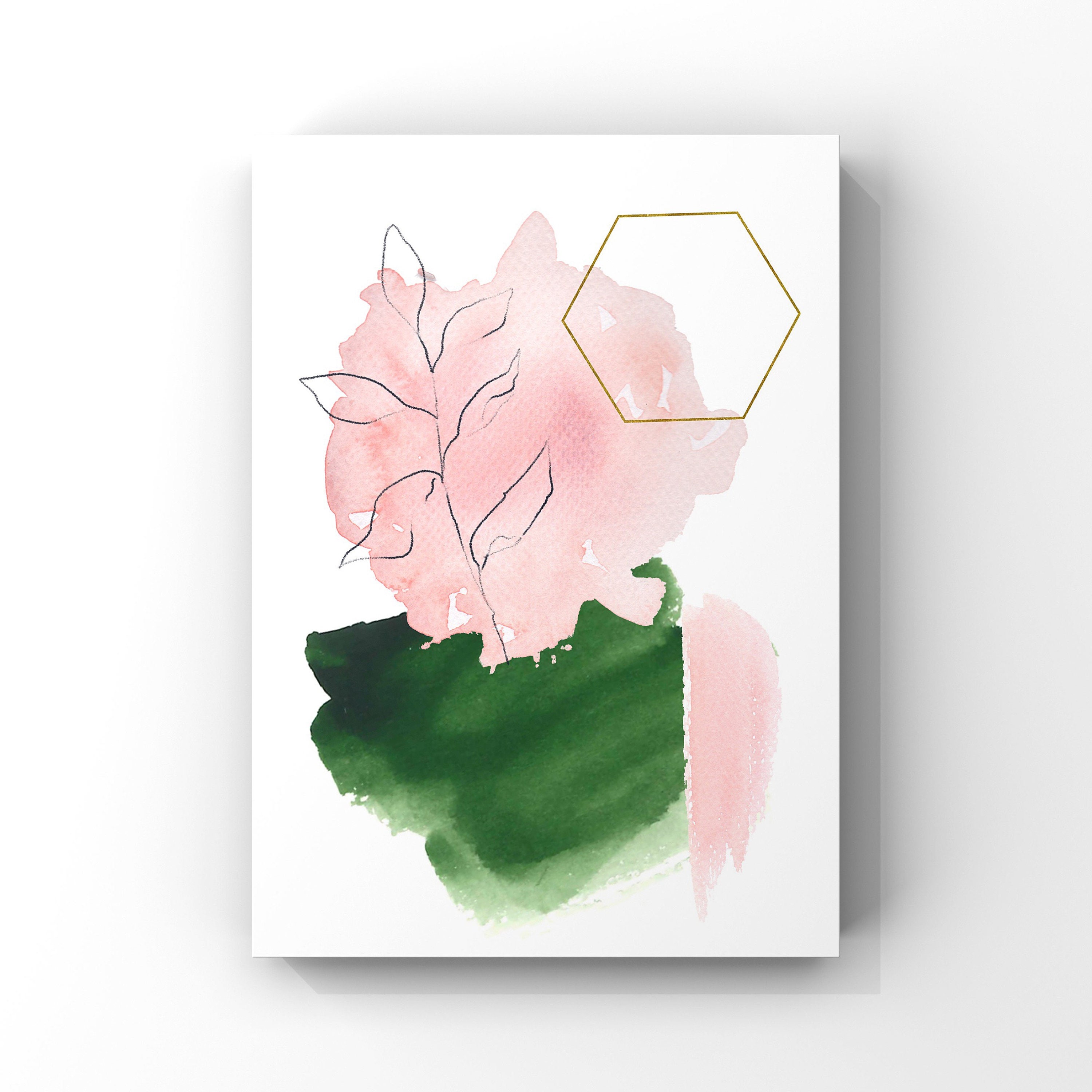 Green Pink and Gold Abstract Wall Art Print Set of 3 Blush Etsy UK