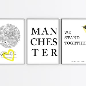 Lot de 3 impressions d'art mural Manchester, affiches de la ville, affiche de Manchester, abeille de Manchester, carte de Manchester, typographie, impressions sans cadre