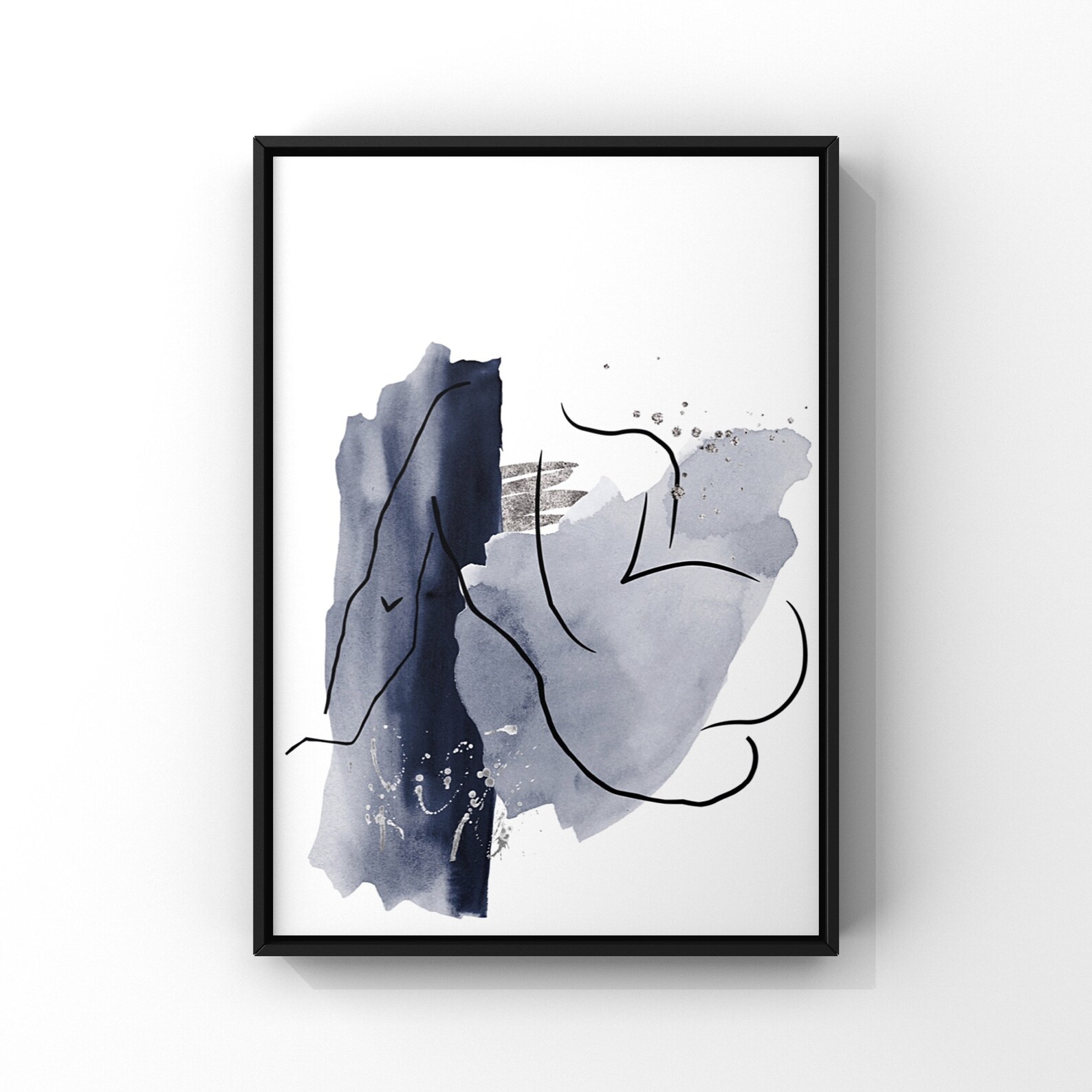 Navy and Silver Abstract Wall Art Woman Print Set of 3 Blue Etsy