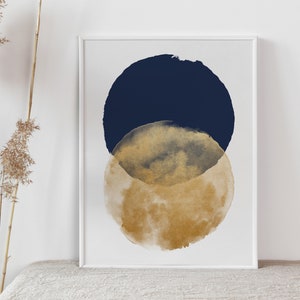 Blue and gold abstract art moon theme circle print, abstract print wall art decor, navy wall art, minimalist art print, unframed print