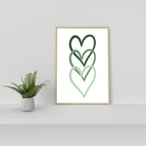 Sage green triple love heart print, green abstract minimal art print, love heart, Mrs Hinch Heart, unframed print