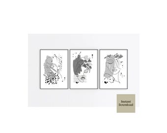Grey female single line art drawing print set of 3, minimalist grey wall art prints, digital download