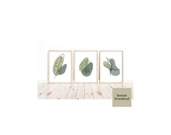 Green plant line art drawing set of 3 prints, leaf botanical line art prints, green wall art, digital download