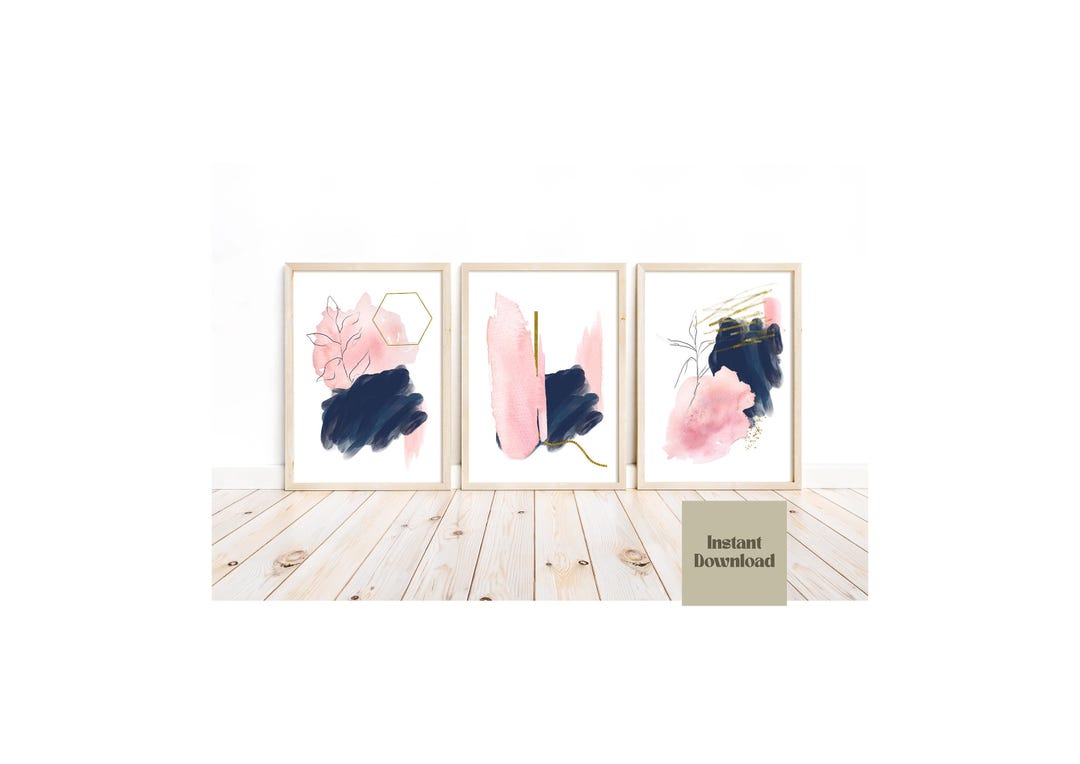 Navy Blue, Pink and Gold Abstract Print Set of 3, Blue Wall Art Prints ...