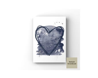 Impresión de corazón de amor azul marino y plateado, impresión de arte minimalista abstracto, arte de pared azul marino, impresión de corazón de amor, descarga digital