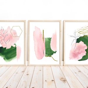 Green, pink and gold abstract wall print set of 3, blush pink prints, abstract prints, green wall art, gold abstract prints, unframed prints