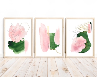 Sage Green and Pink Abstract Wall Art Set of 3 Blush Pink - Etsy