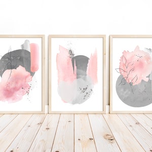 Grey, pink and silver abstract wall art print set of 3, silver abstract prints, grey and pink abstract prints, unframed prints