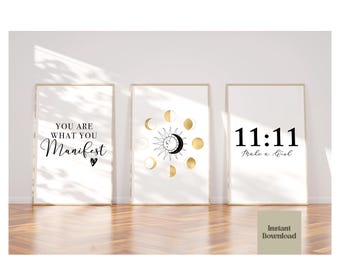 Law of attraction typography wall art set of 3, 11:11 universe manifestation angel numbers print, digital download
