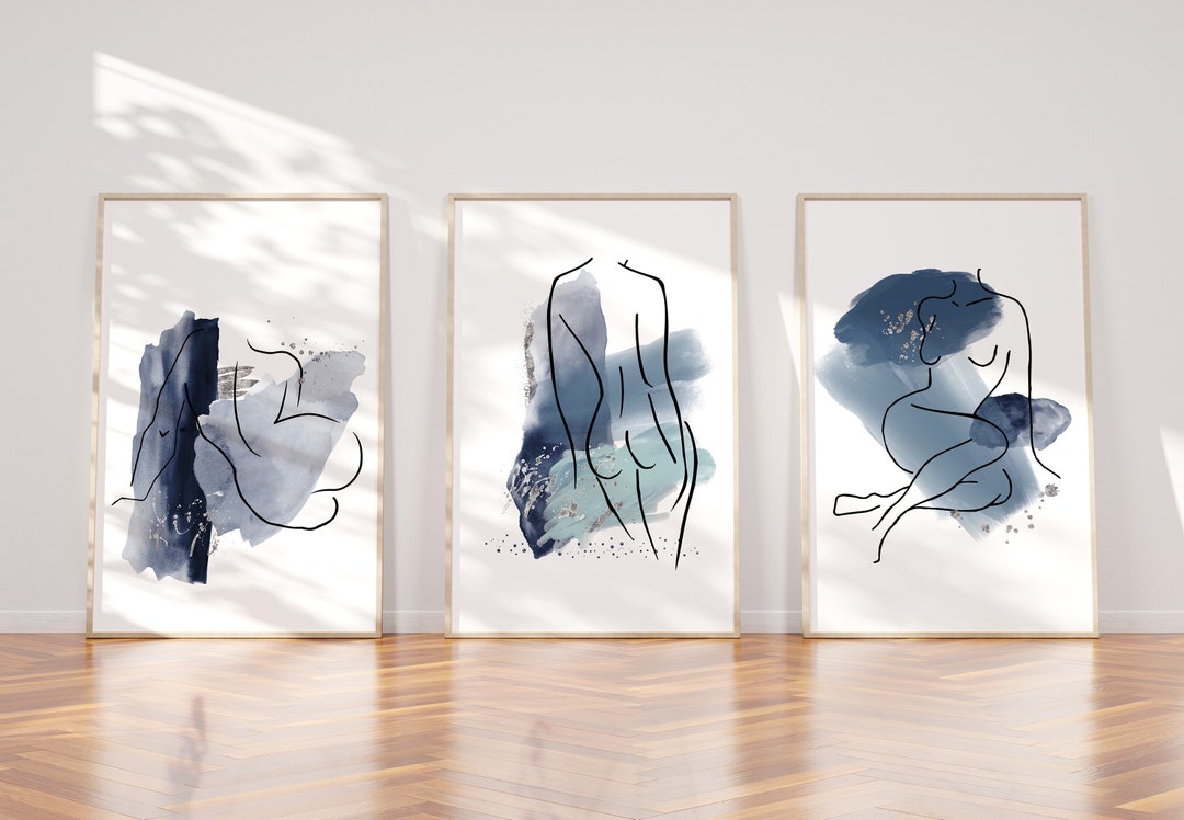 Navy Blue and Silver Female Nude Line Art Print Set of 3, Woman Line ...