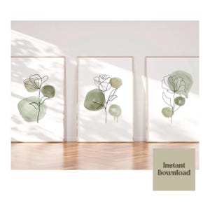 Sage green line plant art set of 3 digital download prints, botanical print set, sage green plant prints, green wall art, download only