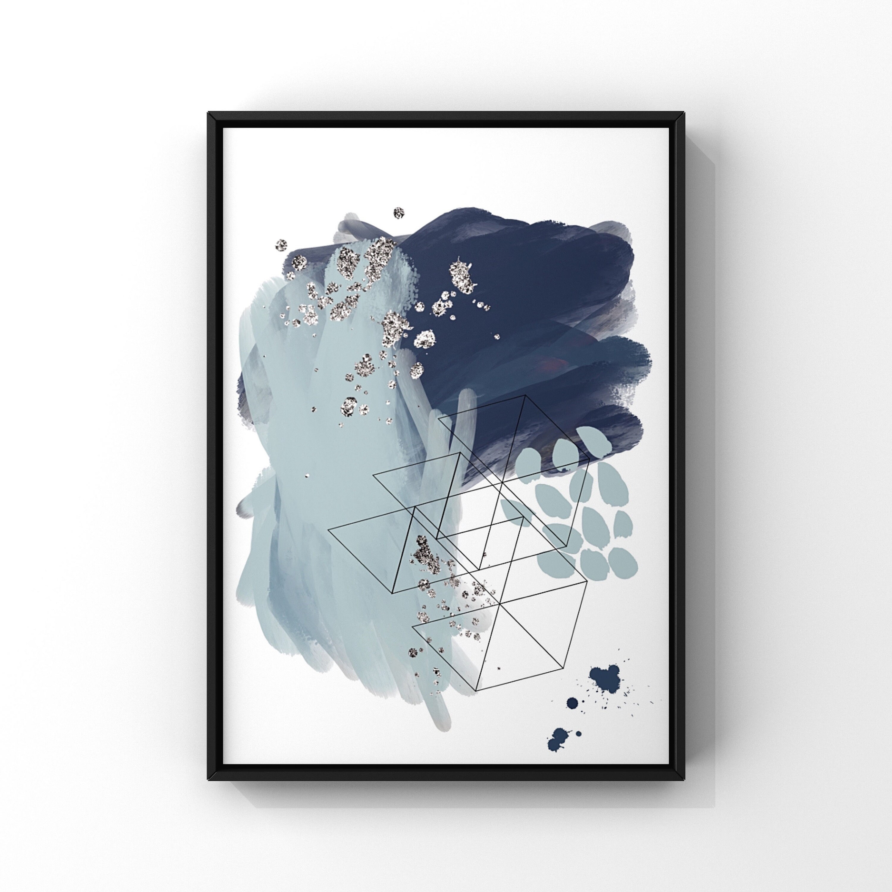 Blue and Silver Abstract Wall Art Print Set of 3 Navy Etsy
