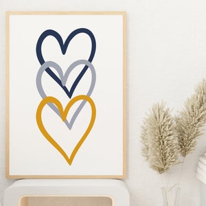 Navy and mustard triple heart print, love heart, minimal art print, minimal print, blue wall art, mrs hinch heart, unframed print