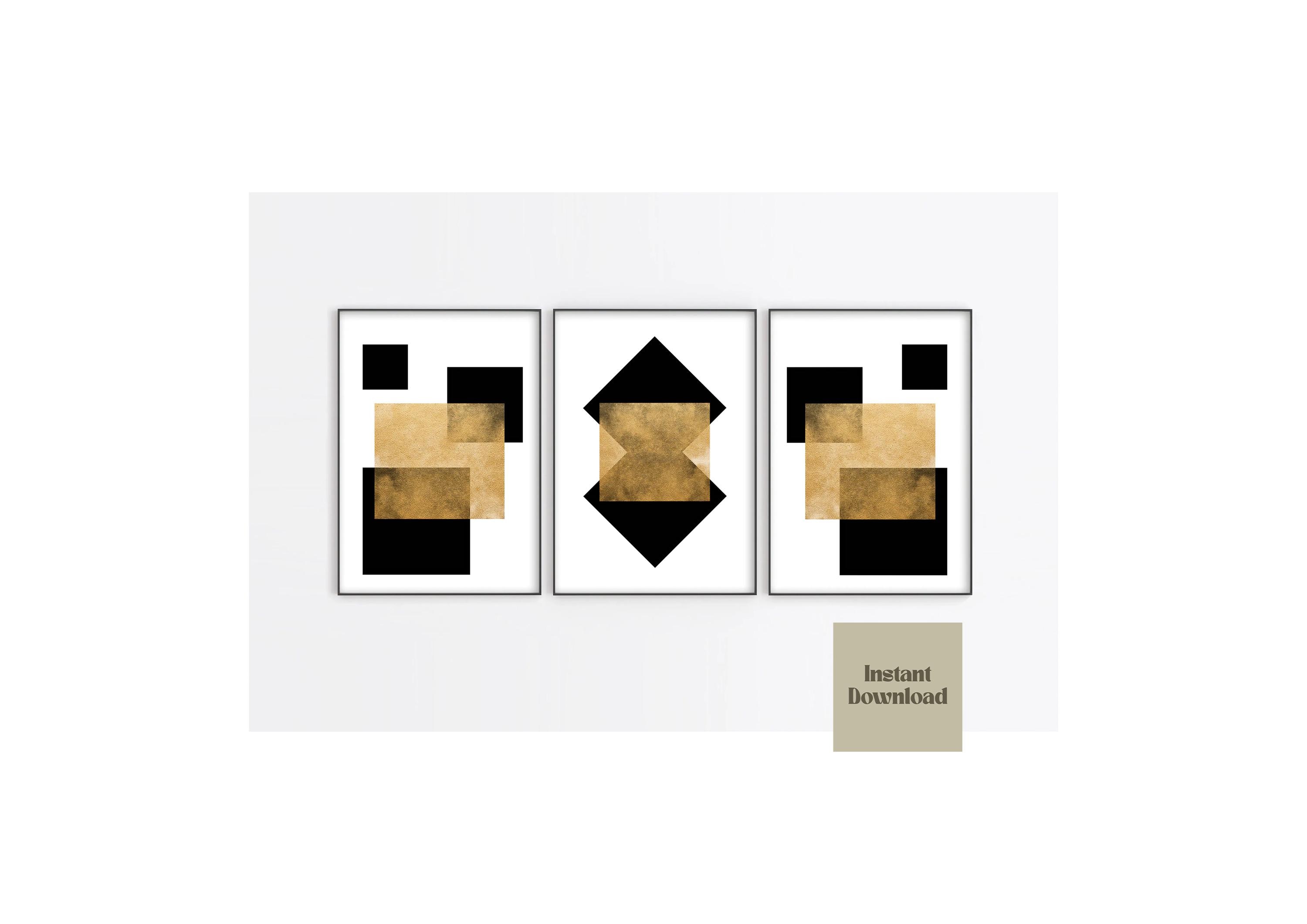 Black and Gold Abstract Art Square Trio Print Set of 3 Prints Minimal ...