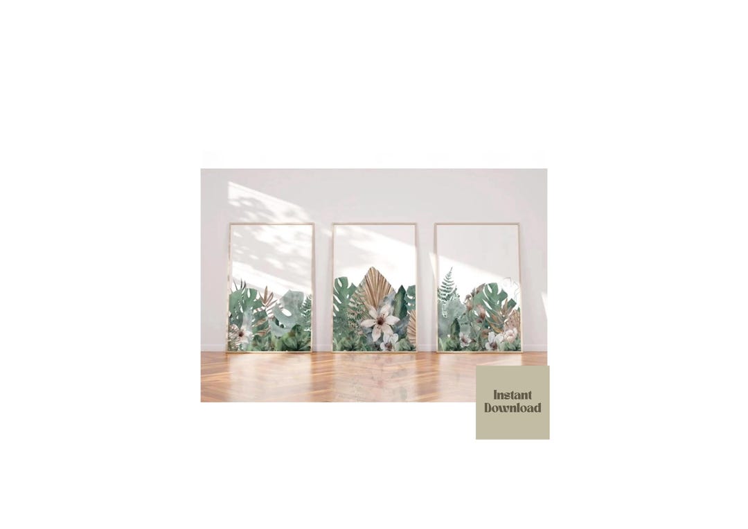 Green Botanical Plant Leaf Flower Prints Abstract Print Set of 3 Wall ...
