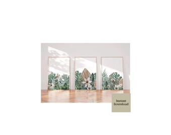 Juego de 3 impresiones abstractas de flores y hojas de plantas botánicas verdes, arte de pared, descarga digital