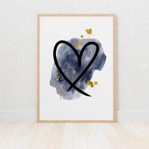 Navy blue and gold heart print, navy minimal print, love wall art, gold splashes, simple love heart, navy blue wall art, unframed print