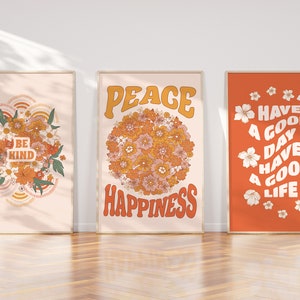 Happiness retro wall art print set of 3, neutral and orange prints, hippy wall art, boho prints, groovy prints, orange, unframed prints