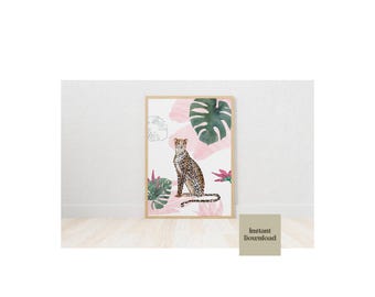 Imprimé léopard, fleurs roses, plante verte, imprimé doré, imprimés d'animaux et de feuilles, impression de plantes sauvages botaniques, téléchargement numérique