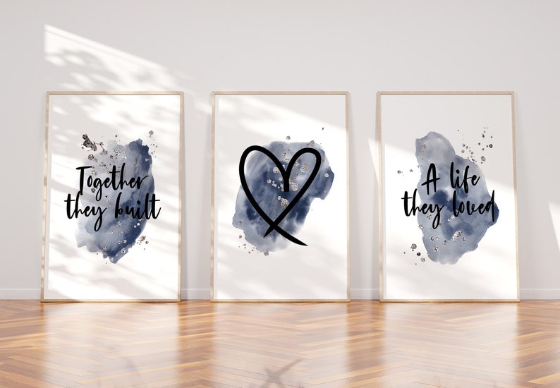 Navy and Silver Wall Art Print Set of 3 Unframed Together Etsy UK