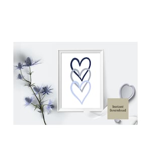 Lámina con triple corazón azul y blanco, lámina de amor, lámina decorativa de pared con corazón azul, descarga digital