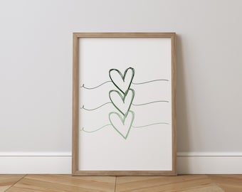 Sage green love heart wall art print, simple green tones heart minimalist print