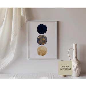 Impresión decorativa de luna circular en trío azul marino y dorado, impresión abstracta celestial, arte de pared azul marino, impresión de planeta, descargable