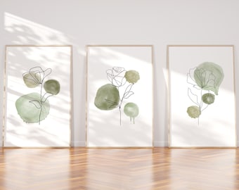 Sage green plant drawing set of 3 prints, sage green line art prints, botanical line art prints, line art, unframed prints
