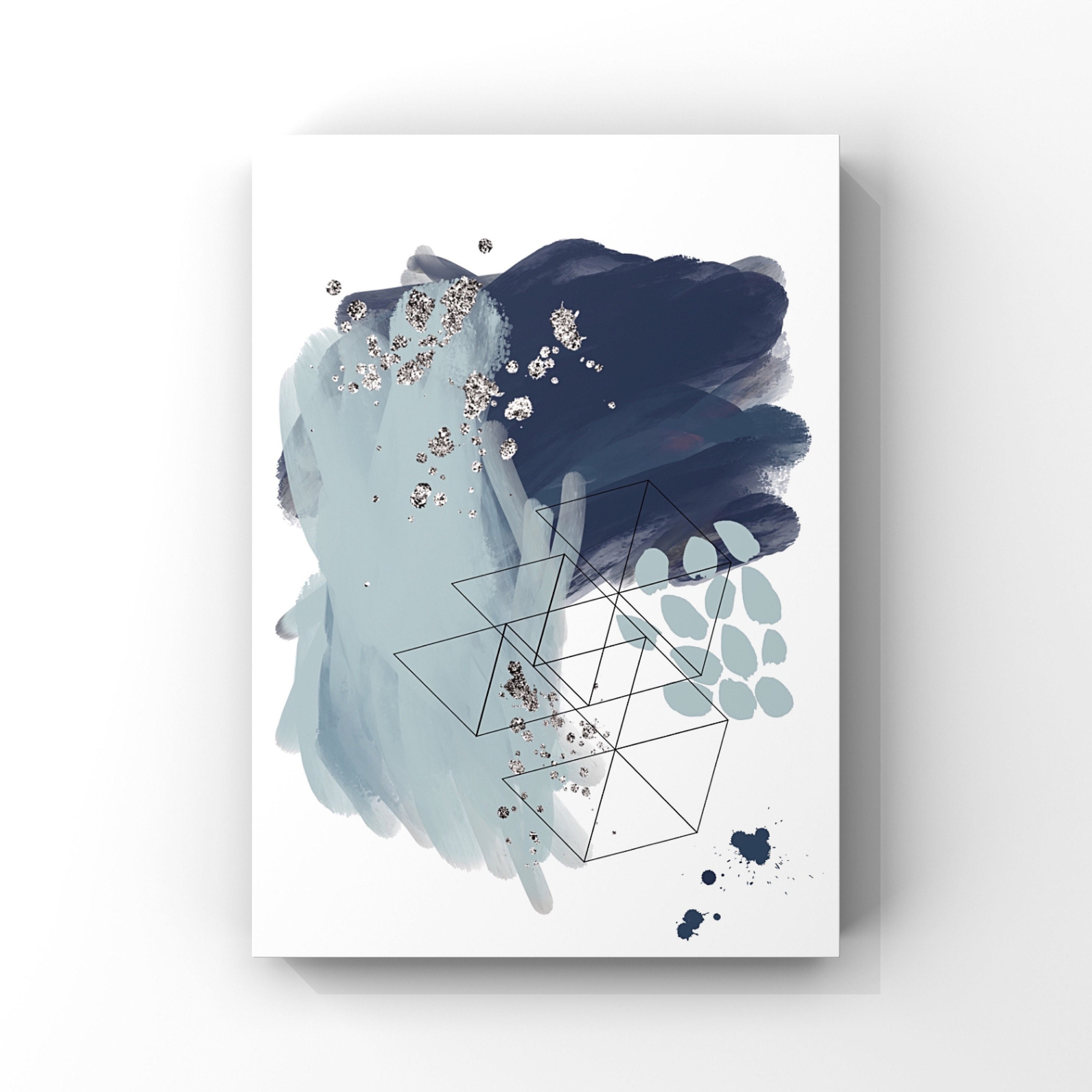 Blue and Silver Abstract Wall Art Print Set of 3 Navy Etsy