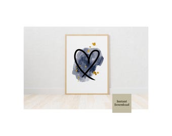 Impresión de corazón azul marino y dorado, impresión minimalista azul marino, arte de pared de amor, salpicaduras doradas, arte de pared azul marino, descarga digital