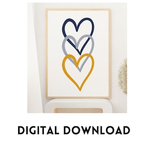 Navy blue and mustard triple heart print, mustard, love heart, abstract minimal art print, Mrs Hinch heart, mustard wall art, download only