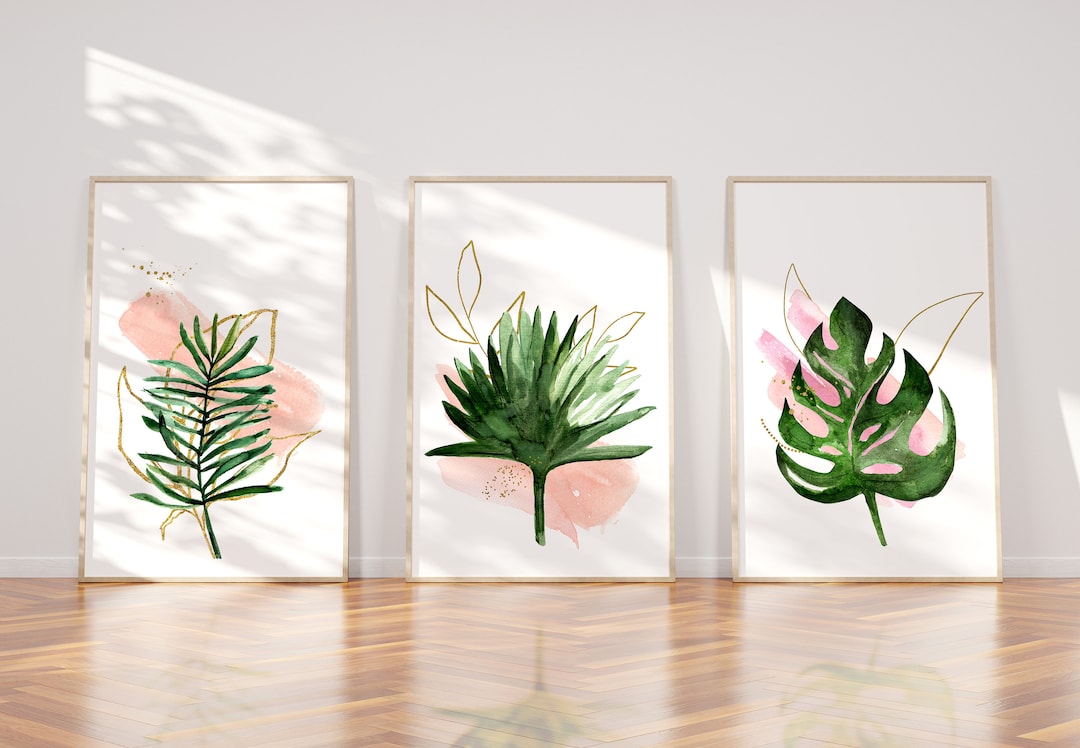 Green, Pink and Gold Plant Wall Art Set of 3, Green Leaf Plant ...