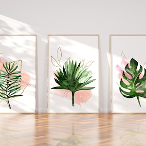 Green, pink and gold plant wall art set of 3, leaf prints, gold abstract prints, botanical wall art, green plant prints, unframed prints