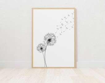 Minimalist dandelion seed sugar stealer black and white flower plant wall art print